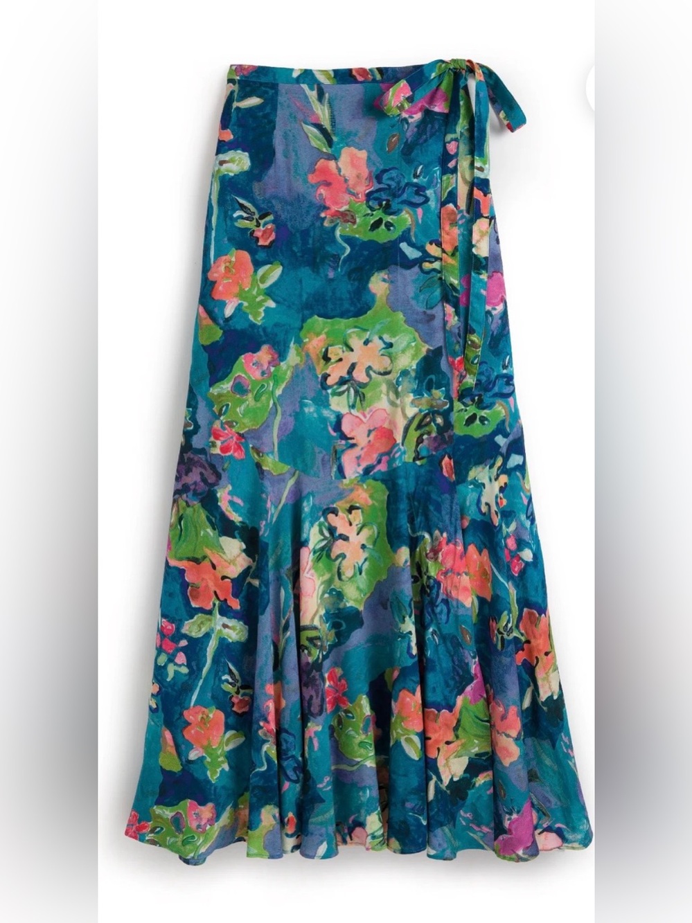 Peruvian Connection Teal Floral Wrap Maxi Skirt with Pink & Green Accents